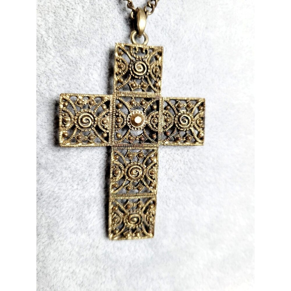 Christian Cross Pendant Vermeil Gold Plated Filigreed Gothic Gold Rhinestone